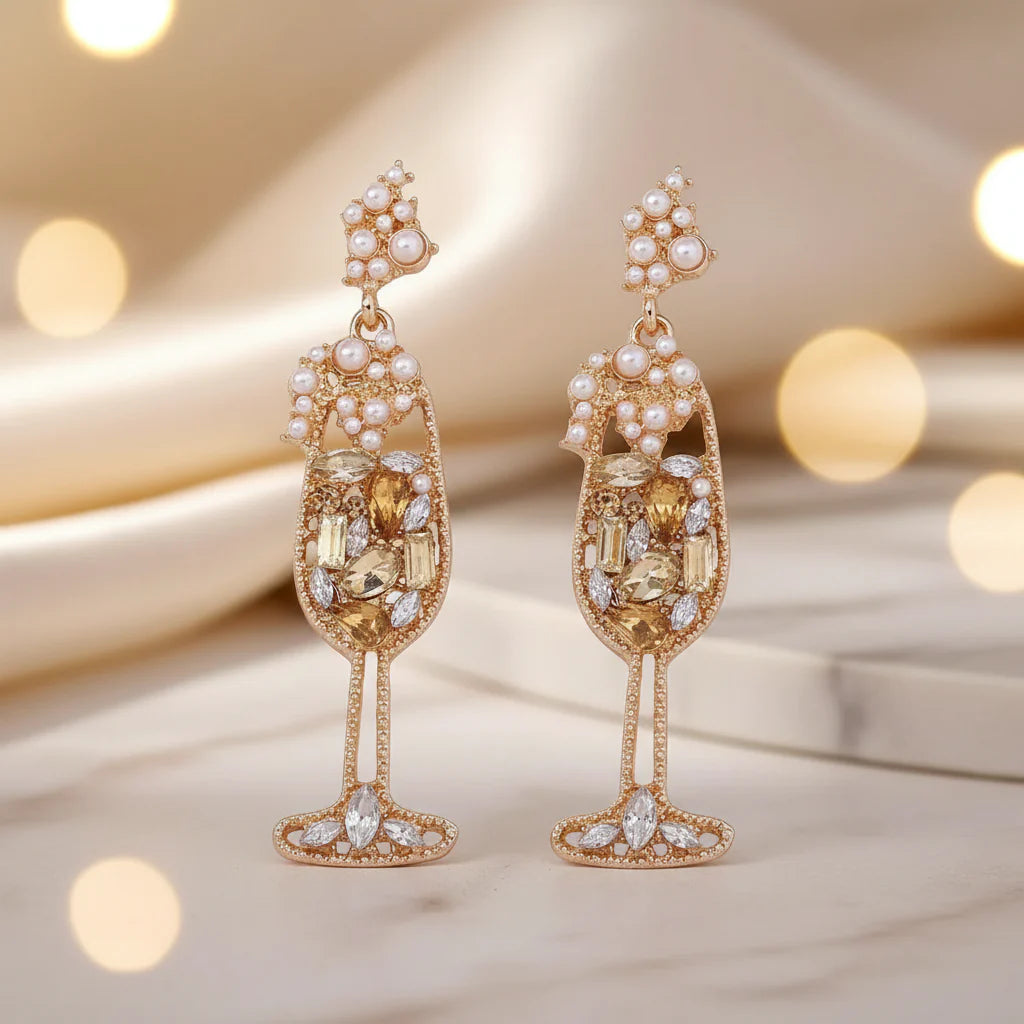Champagne Glass Rhinestone Dangle Earrings