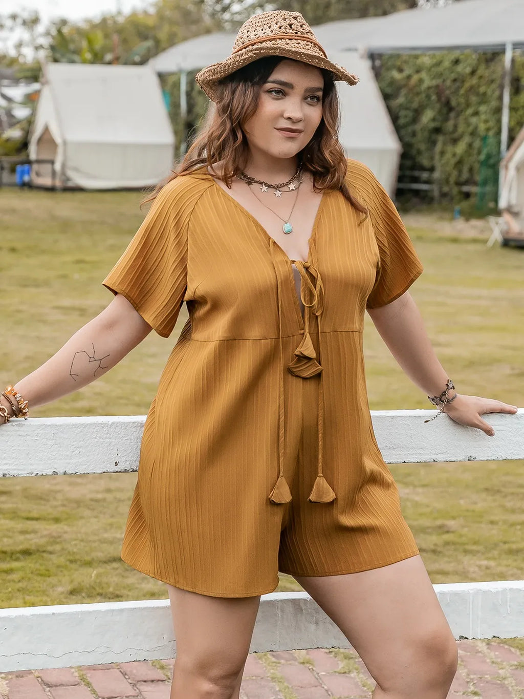 Mustard V-Neck Short Sleeve Romper