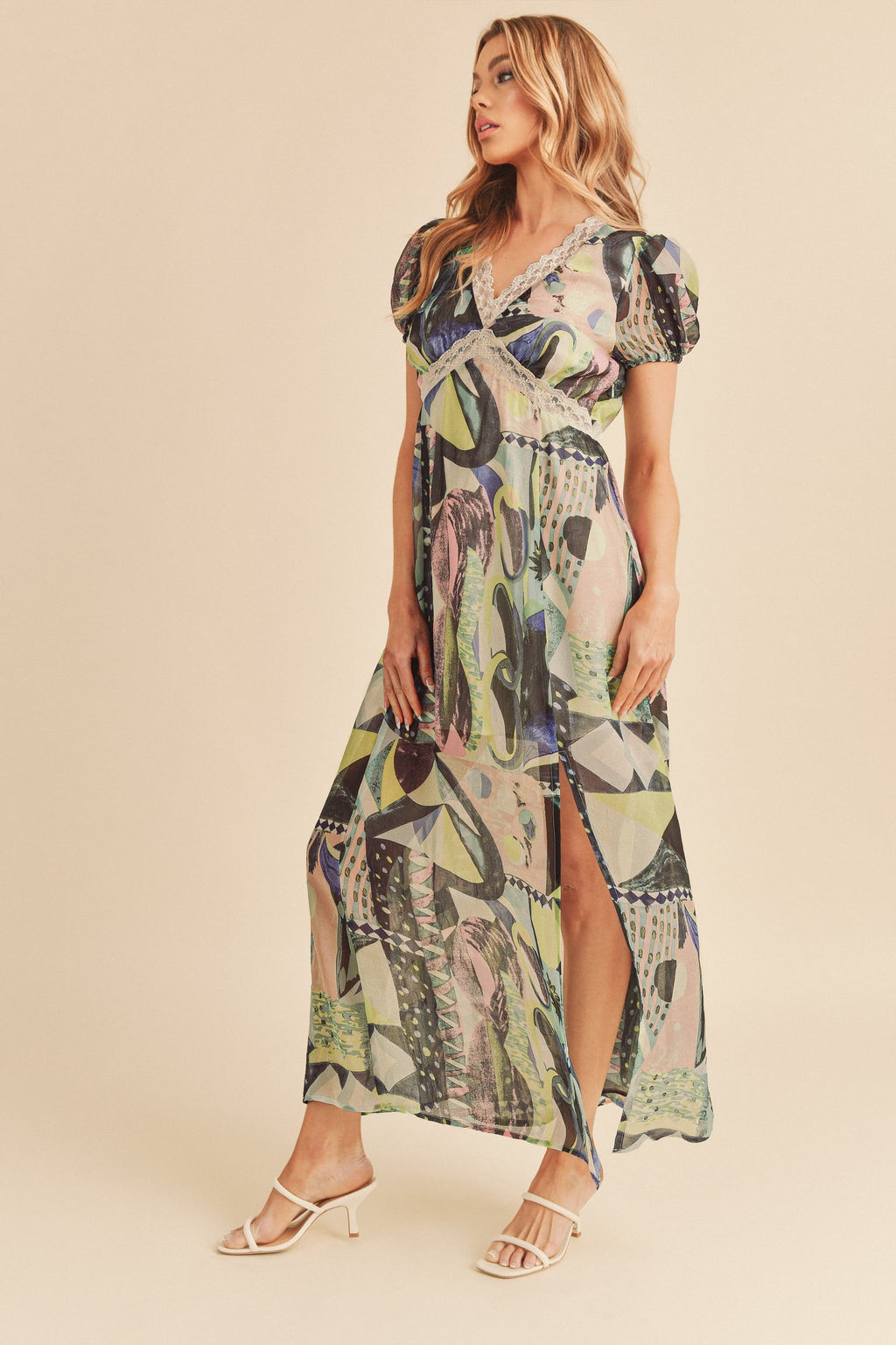 Lace Detail Slit Geometric Print Short Sleeve Maxi Comfortable Dress For Women, Elegant Lace, Alluring Slit, Sophisticated Geometric Print for Casual & Dressy Occasions