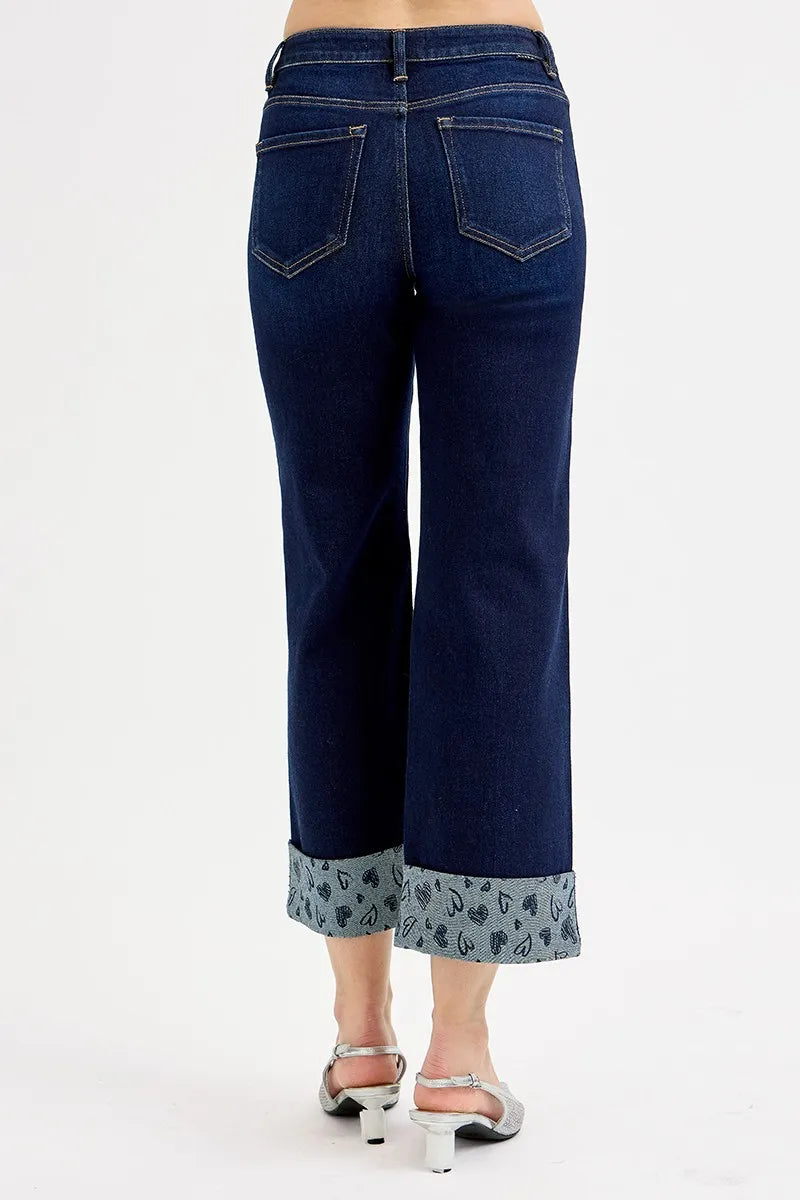 RISEN Mid Rise Crop with Printed Cuff Jeans