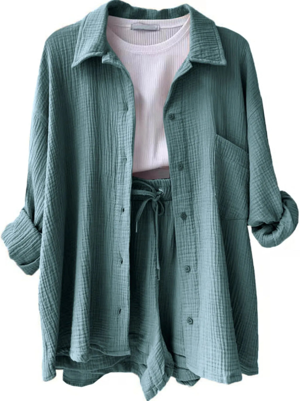 Textured Button Up Shirt and Shorts Set