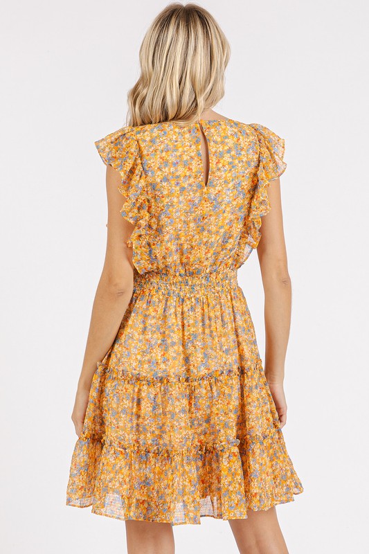 New Summer Ditsy Floral Print Ruffle Chiffon Mini Dress – Fluttering, Playful and Feminine Dress with Ruffle Details and Soft Chiffon Fabric