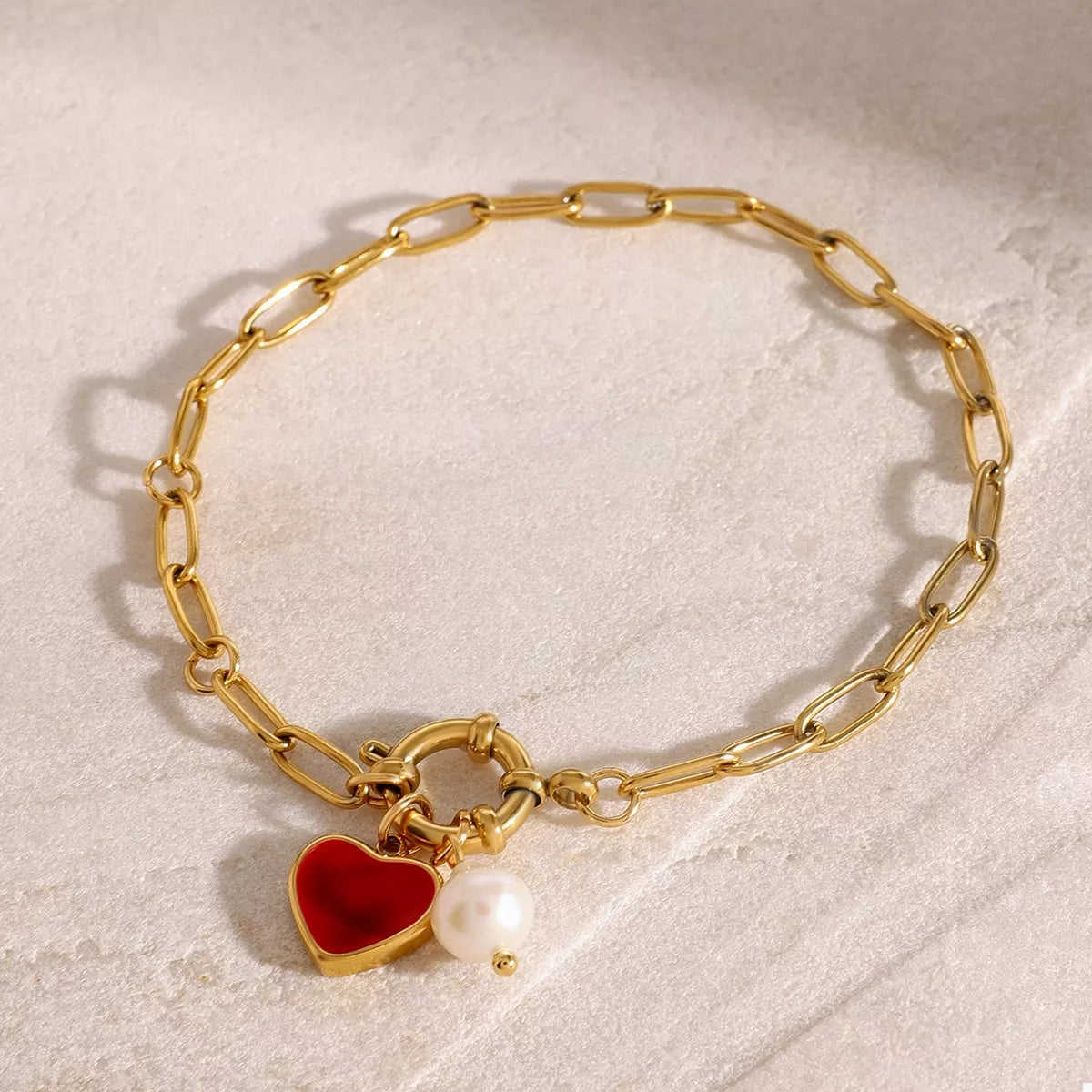 18K Gold-Plated Freshwater Pearl Heart Charm Bracelet