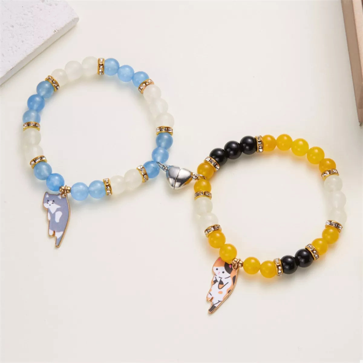 2 Piece Beaded Cat Charm Bracelet