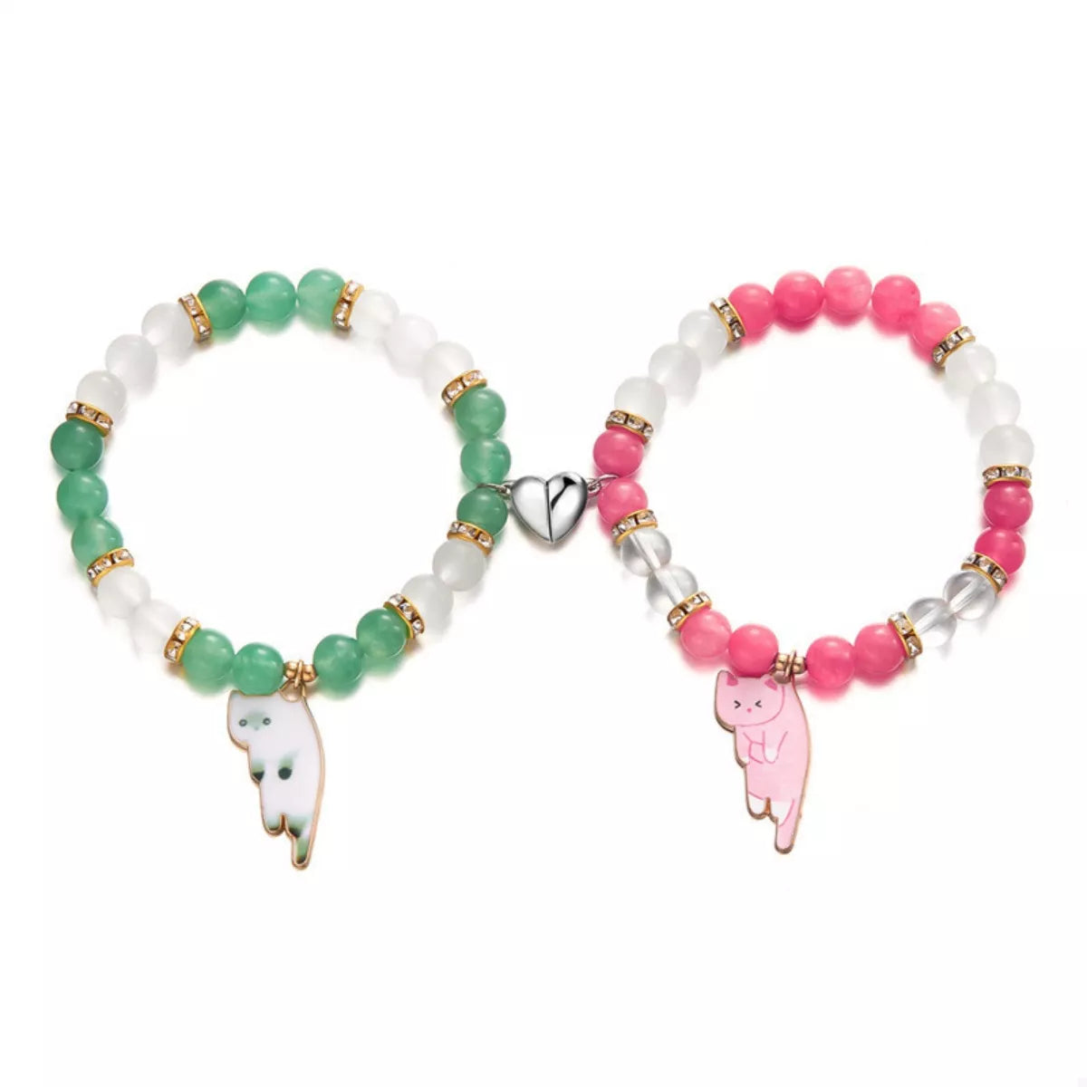 2 Piece Beaded Cat Charm Bracelet
