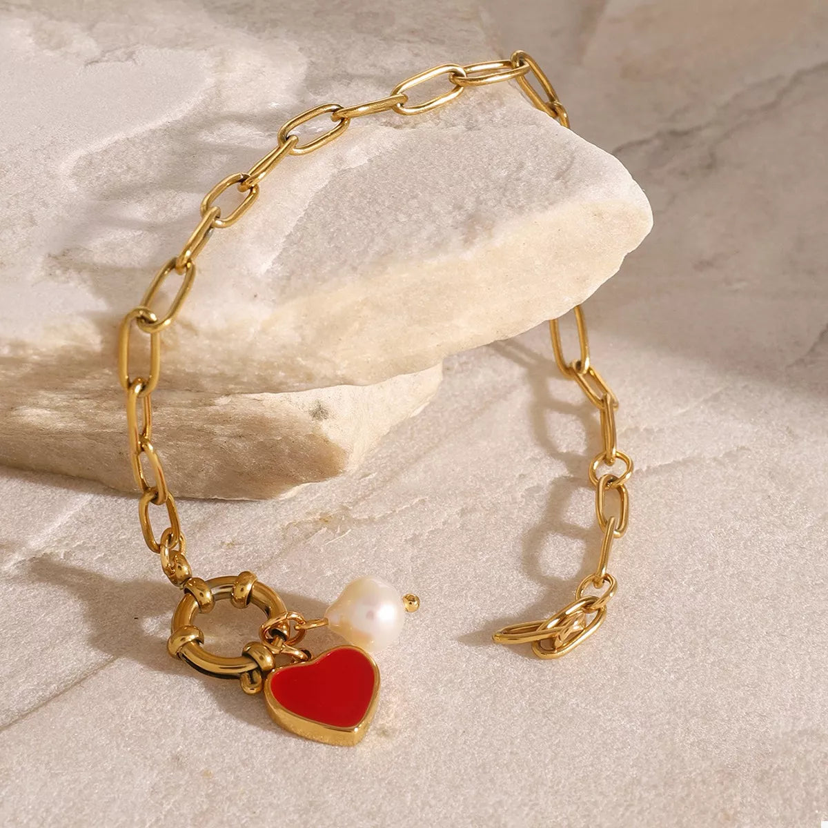 18K Gold-Plated Freshwater Pearl Heart Charm Bracelet