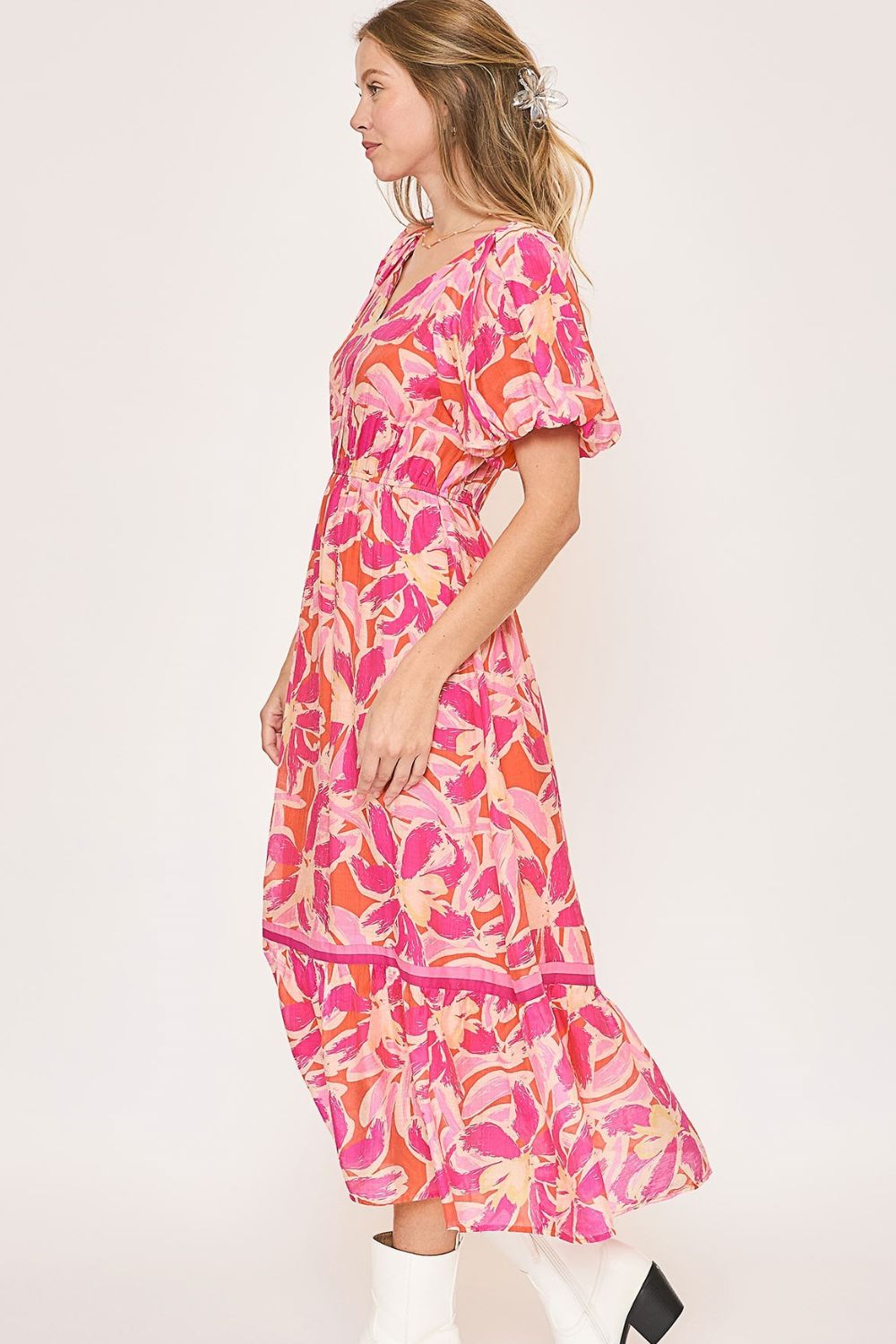 New Summer Floral Notched Puff Sleeve Midi Dress For Women – Fluttering, Elegant Floral Print Midi Dress with Trendy Notched Neckline and Puff Sleeves