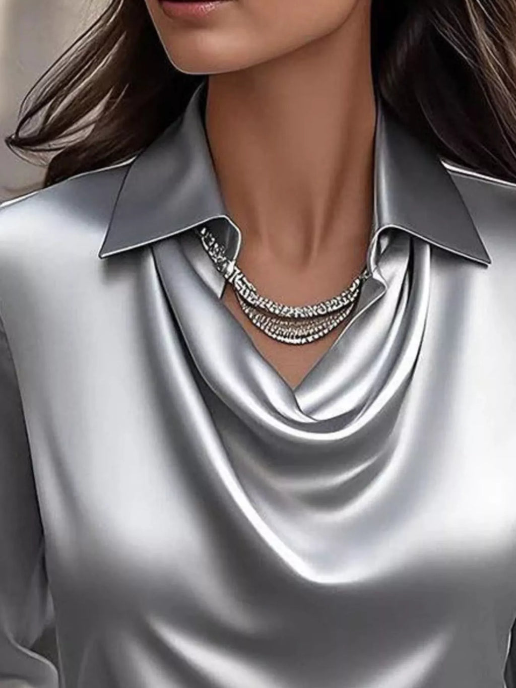 Satin Cowl Neck Long Sleeve Blouse Regular and Plus Size