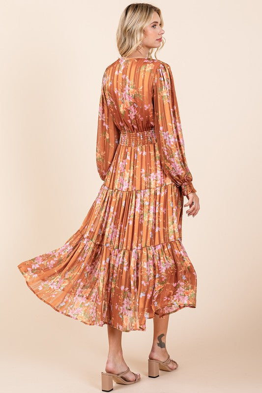 Flower Print Satin Lurex Stripe Smocked Midi Summer Dress – Elegant Midi Dress, Satin Lurex Dress, Floral Dress, Smocked Waist Dress, Romantic Midi Dress, Special Occasion Dress