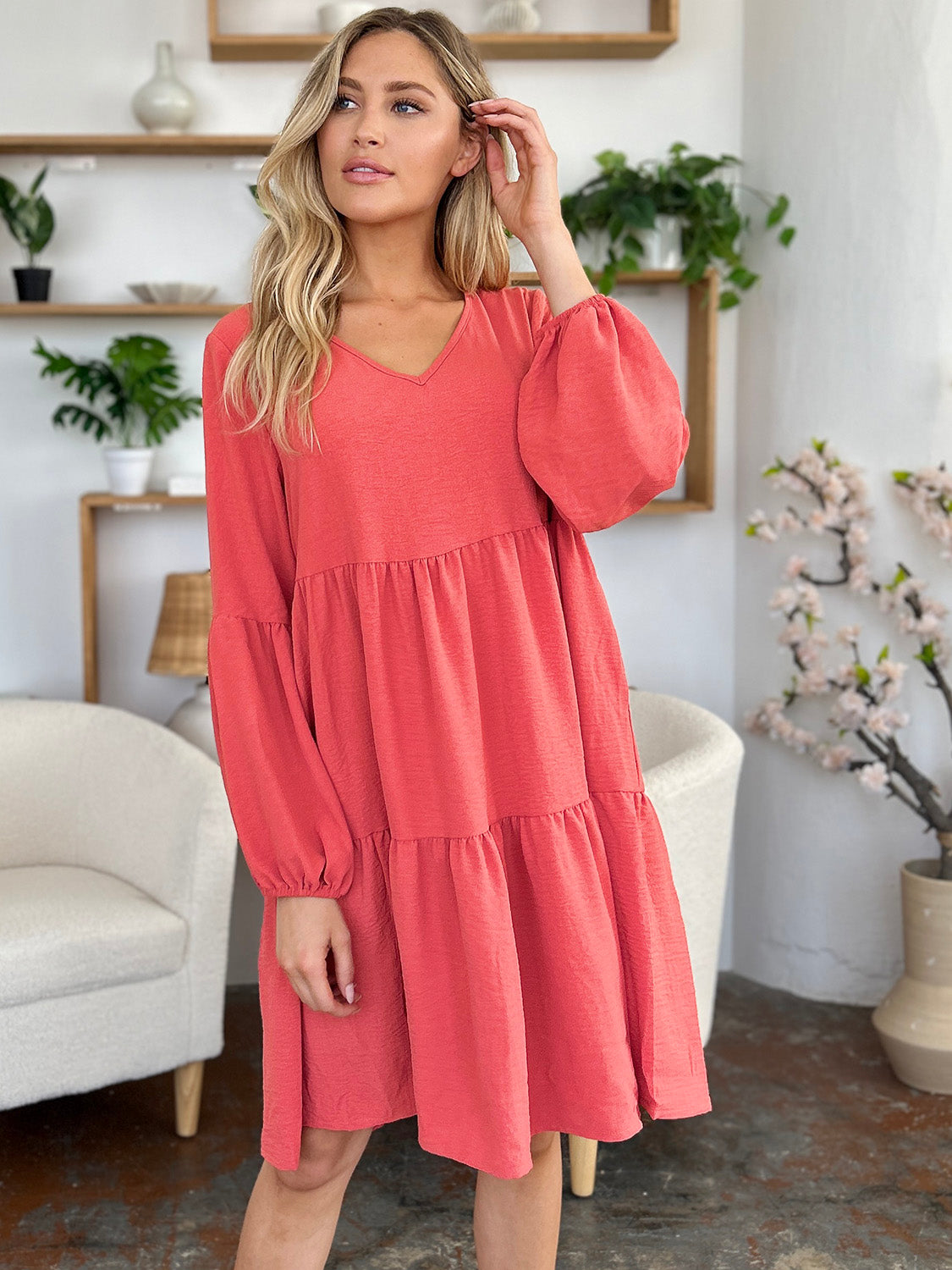 Light Green Double Take Full Size V-Neck Sleeve Tiered Dress with Pockets Elegant & Comfortable Casual Dress