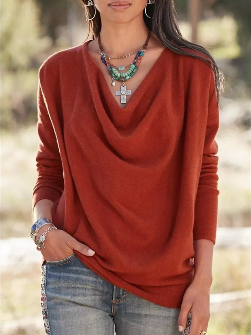 Cowl Neck Long Sleeve Top Regular and Plus Size