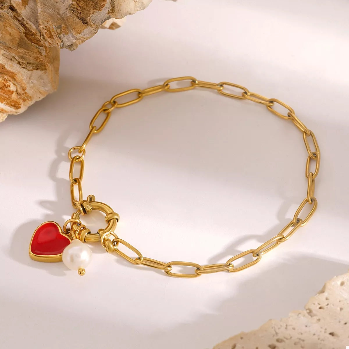 18K Gold-Plated Freshwater Pearl Heart Charm Bracelet