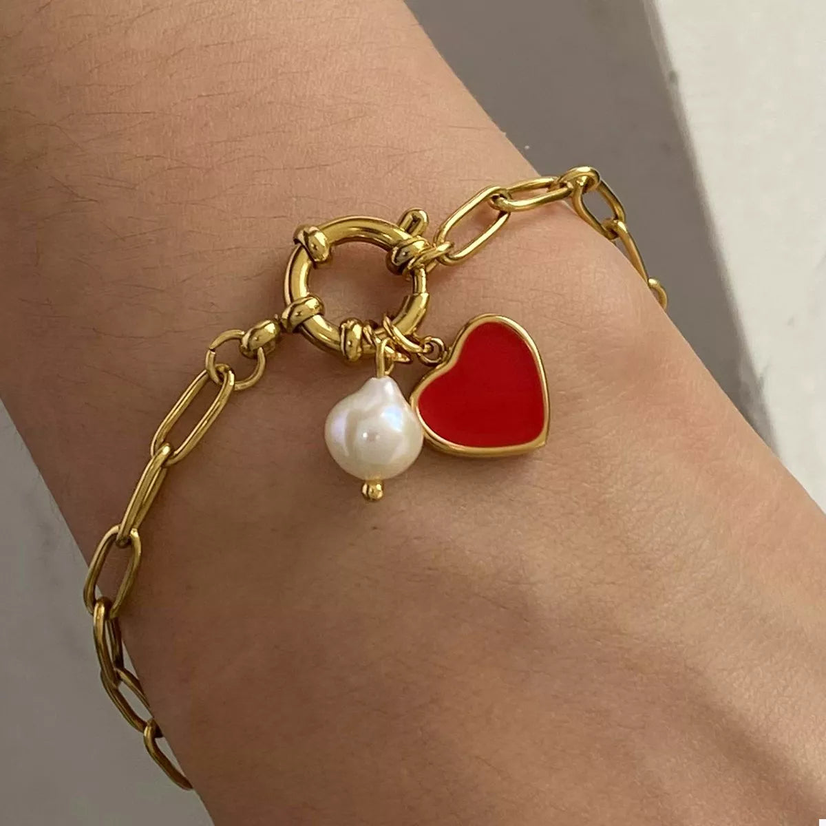 18K Gold-Plated Freshwater Pearl Heart Charm Bracelet
