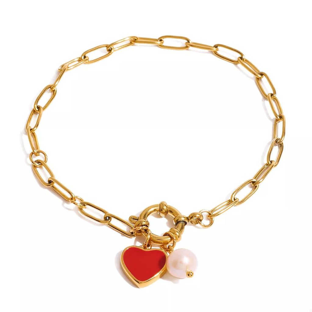 18K Gold-Plated Freshwater Pearl Heart Charm Bracelet