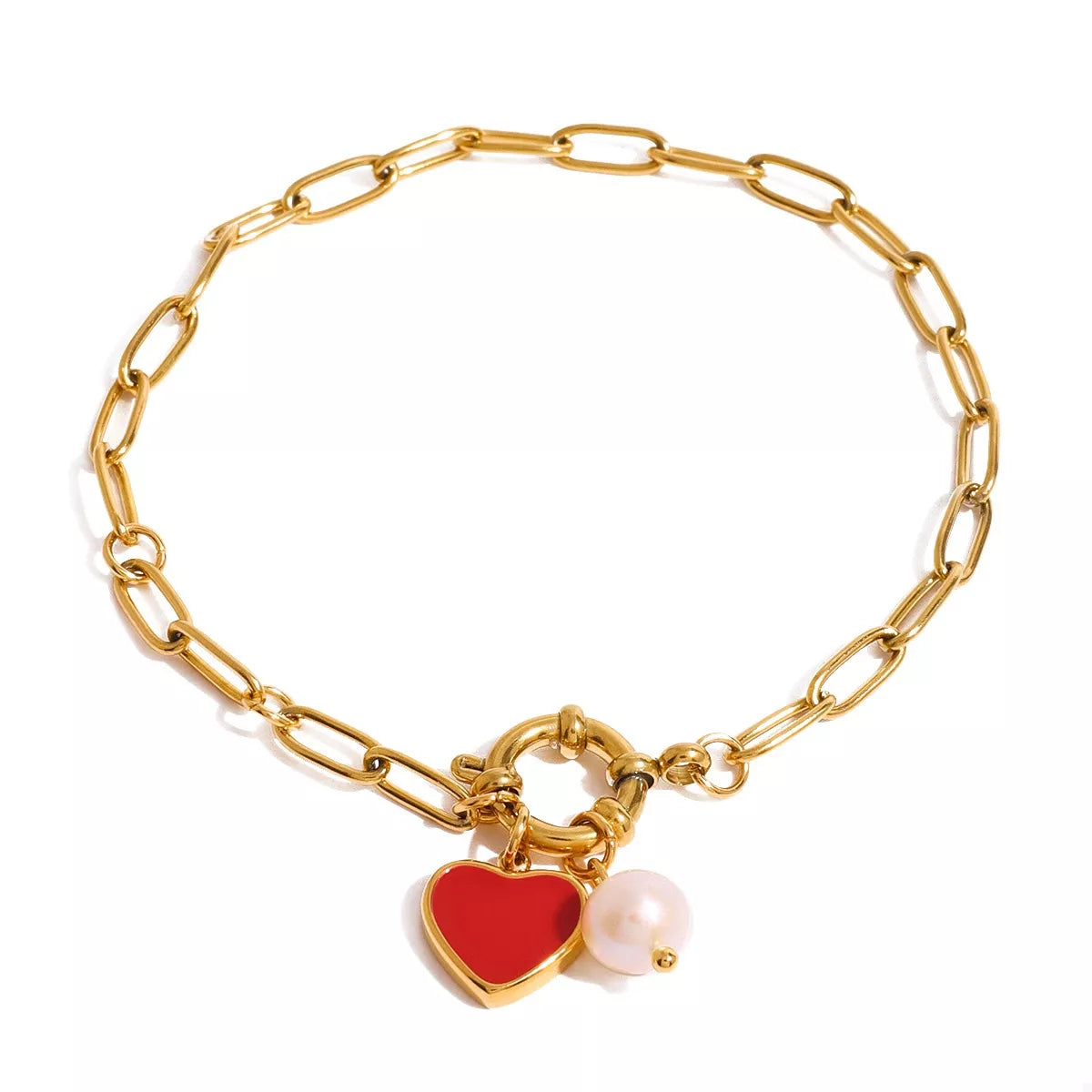 18K Gold-Plated Freshwater Pearl Heart Charm Bracelet
