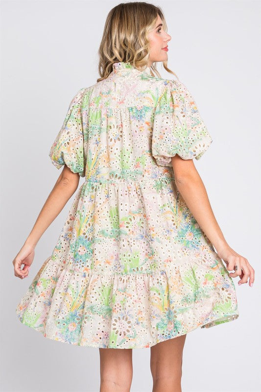 Floral Eyelet Lace Puff Sleeve Mini Summer Dress – Fluttering, Feminine and Playful Floral Eyelet Lace Mini Dress with Puff Sleeves