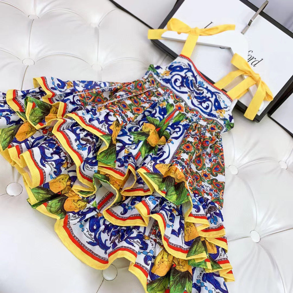 New Cute Pastoral Girls Court Print Suspender Skirt