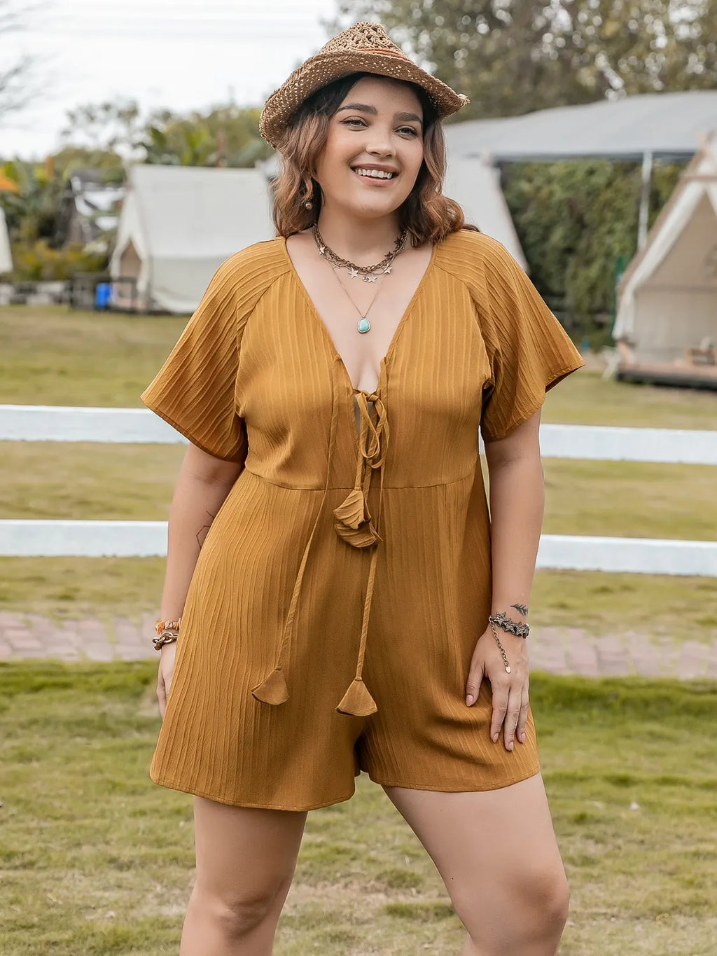 Mustard V-Neck Short Sleeve Romper