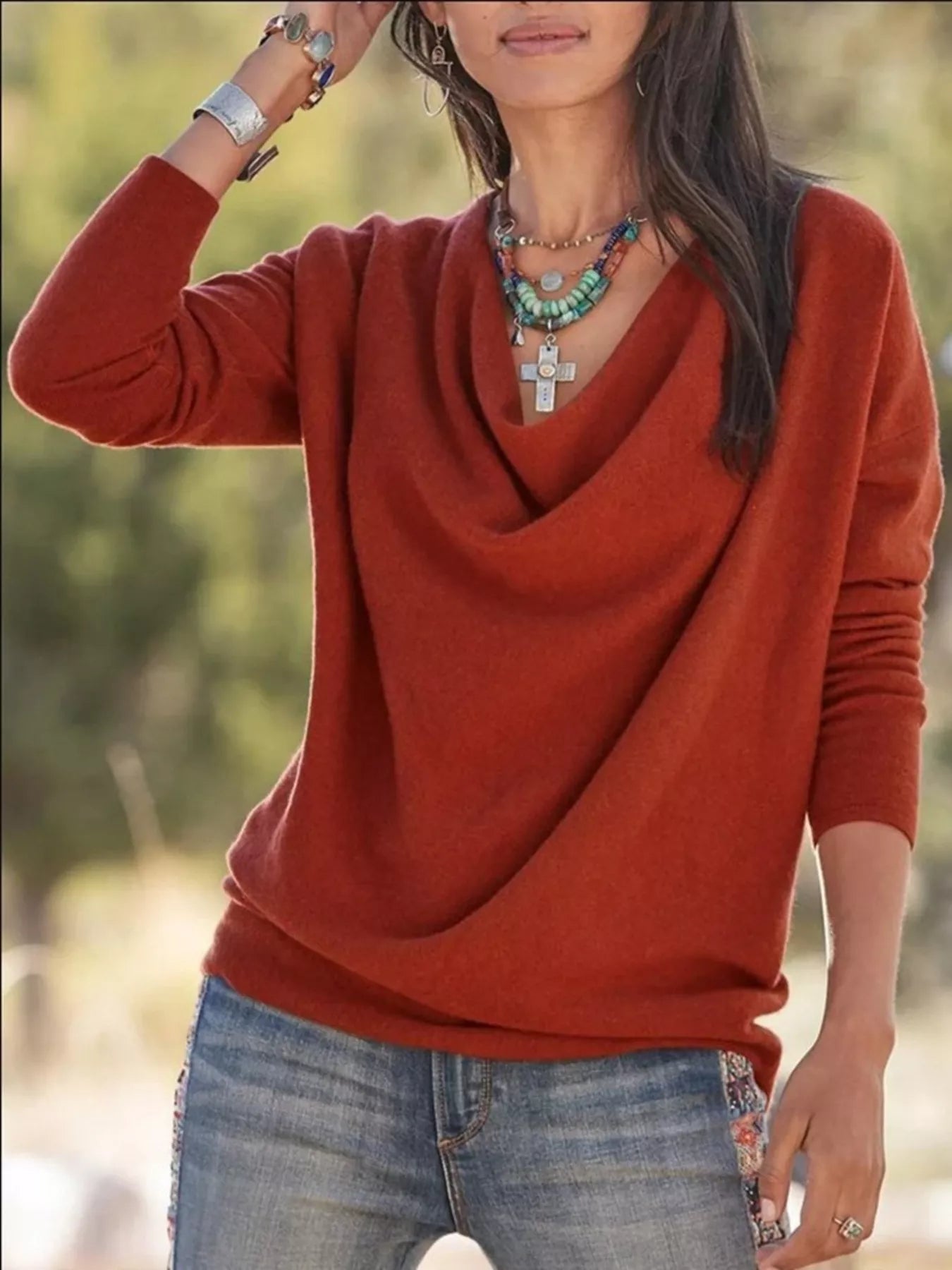 Cowl Neck Long Sleeve Top Regular and Plus Size