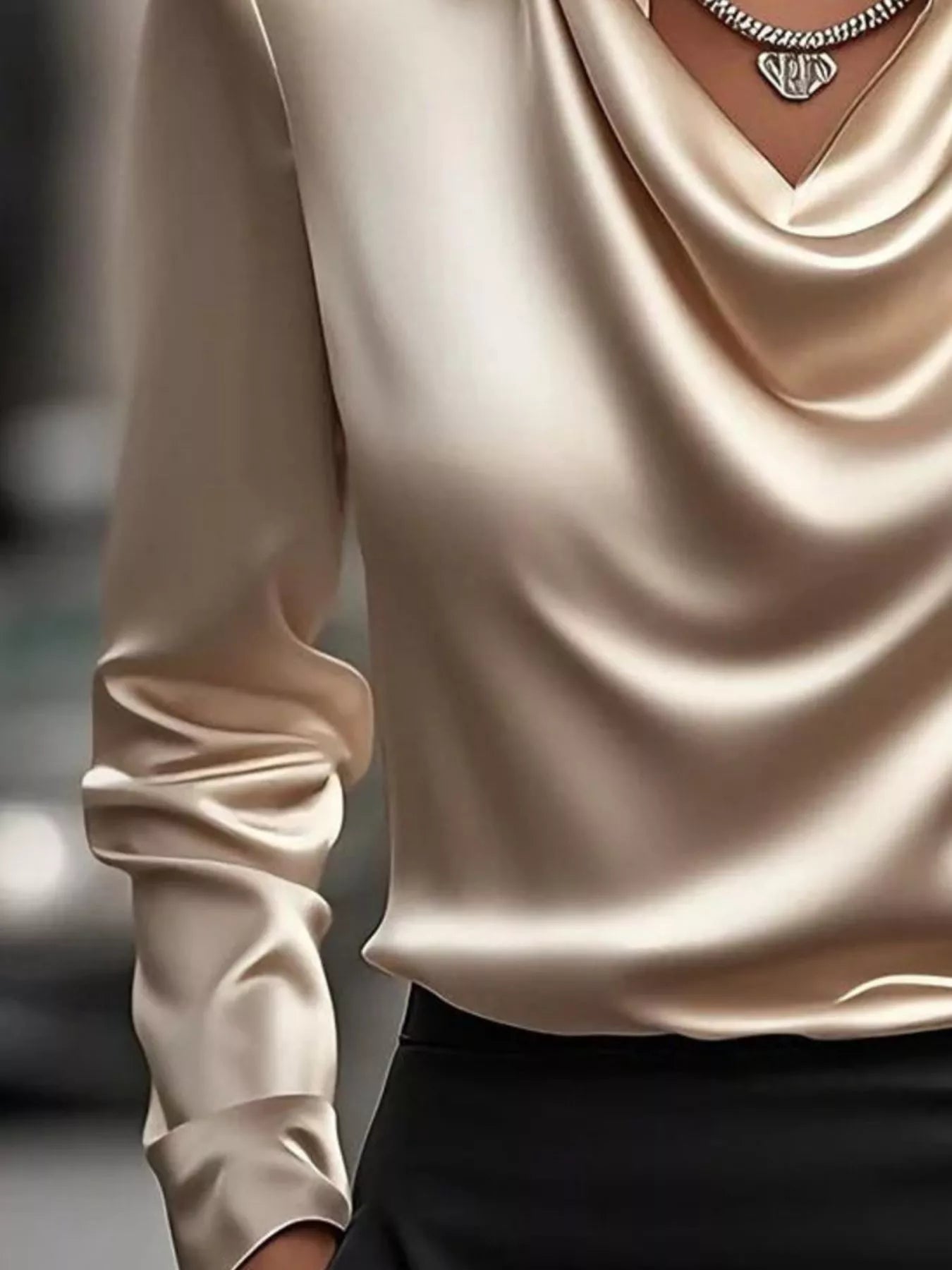 Satin Cowl Neck Long Sleeve Blouse Regular and Plus Size