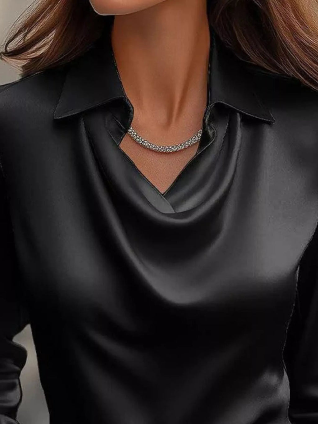 Satin Cowl Neck Long Sleeve Blouse Regular and Plus Size