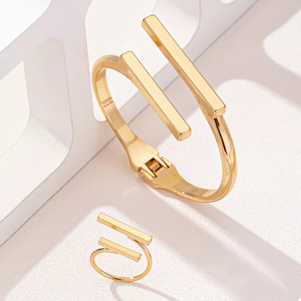 Adjustable 18K Gold-Plated Bar Bracelet and Ring Set