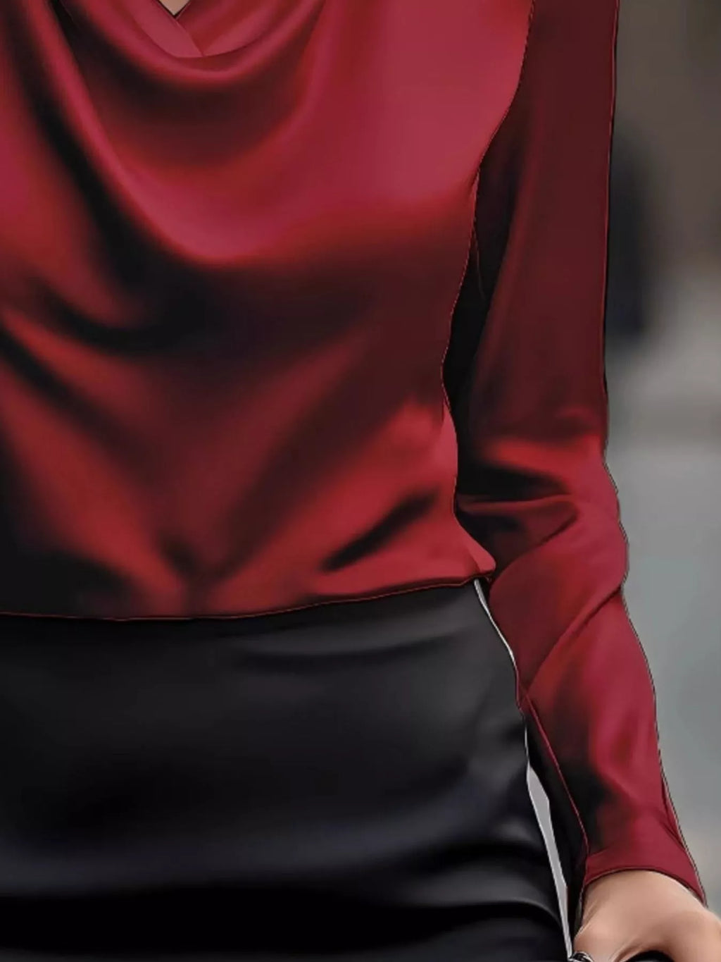 Satin Cowl Neck Long Sleeve Blouse Regular and Plus Size