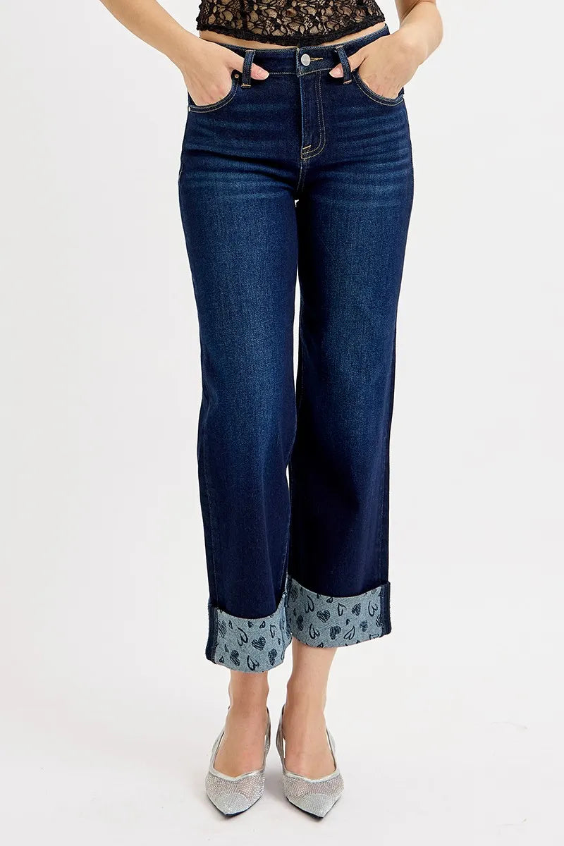 RISEN Mid Rise Crop with Printed Cuff Jeans