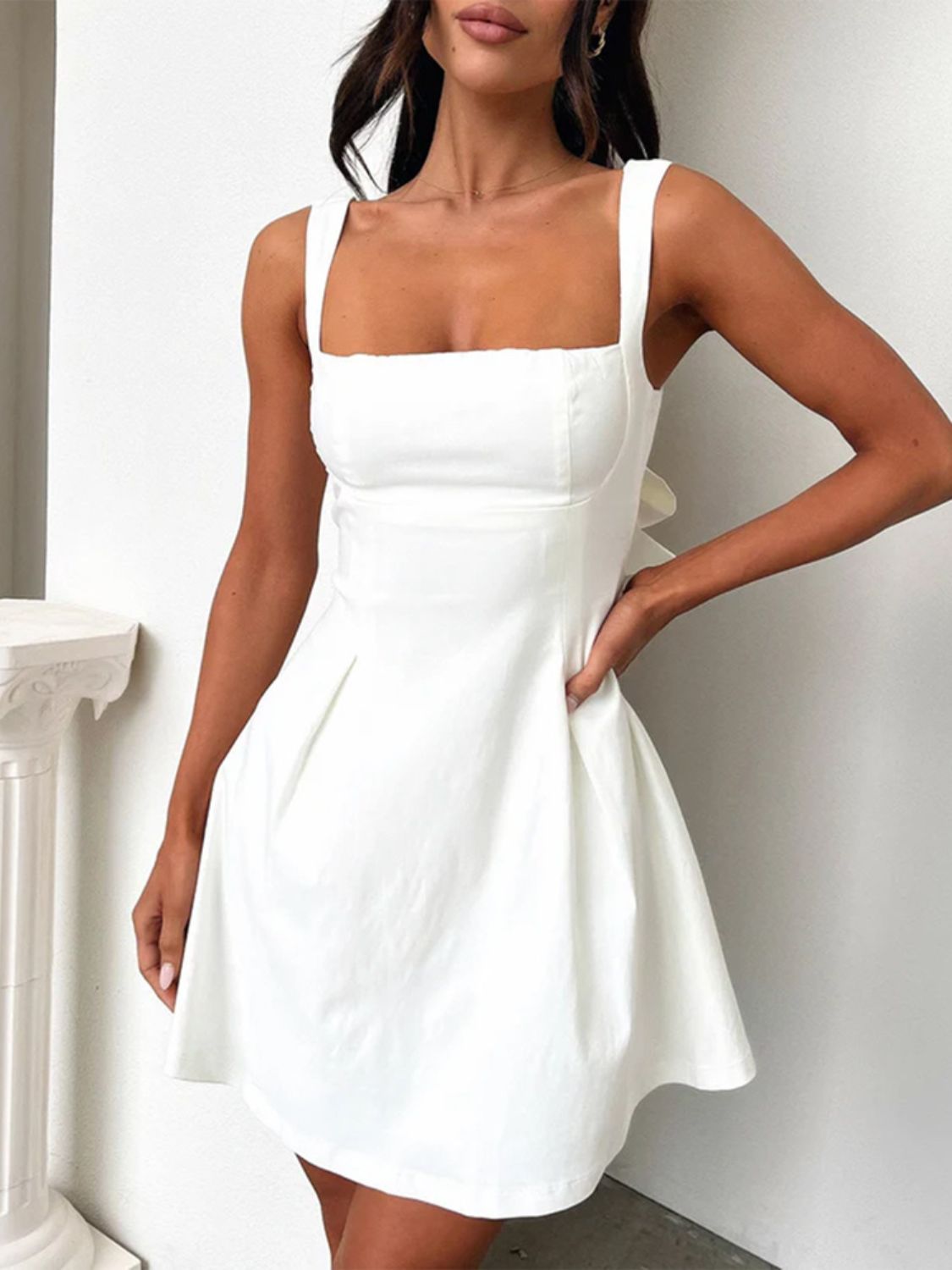 Dark Blue Bow Back Square Neck Mini Dress Luxury Feminine & Flattering Dress For Girls