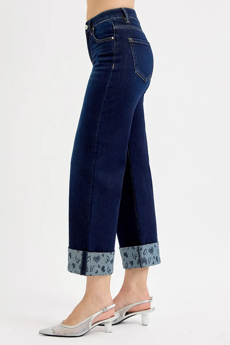 RISEN Mid Rise Crop with Printed Cuff Jeans