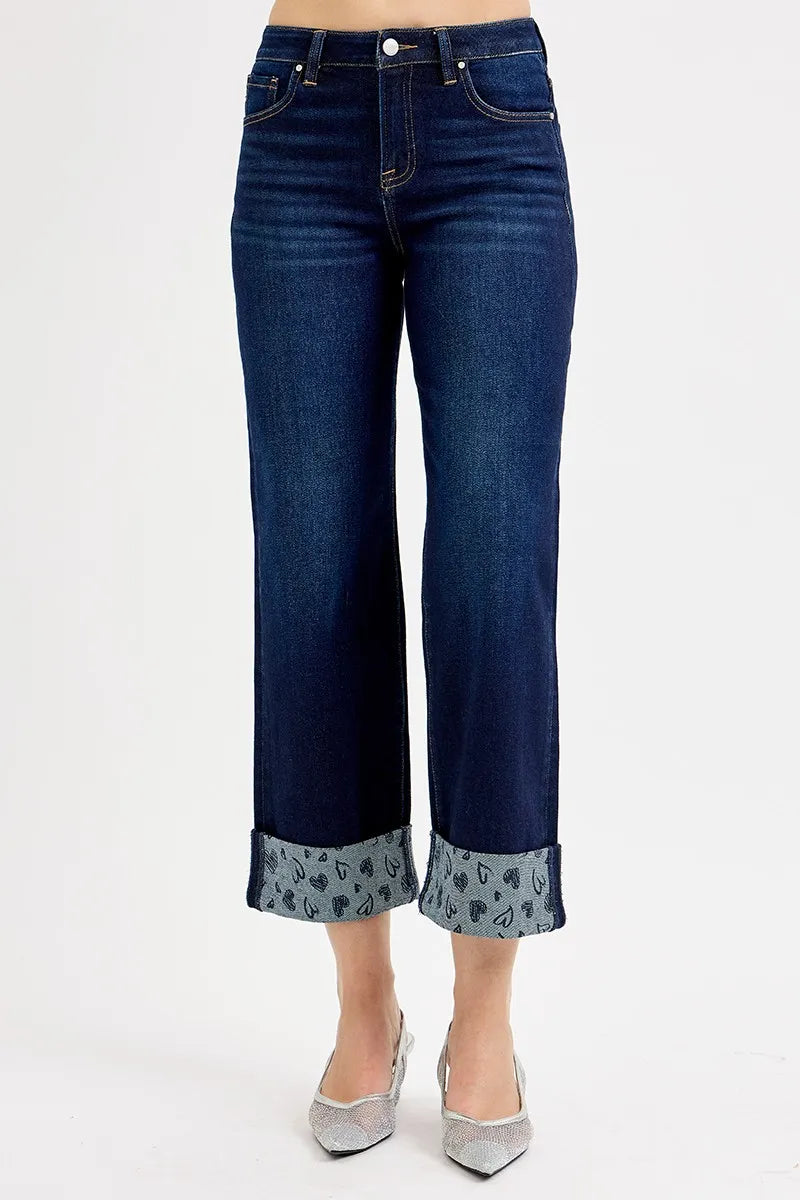RISEN Mid Rise Crop with Printed Cuff Jeans