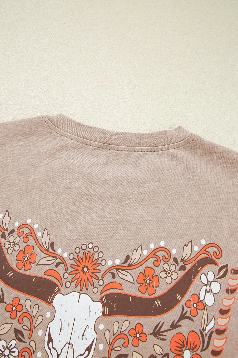 Mineral Wash Floral Steer Head Printed Back Western Fashion Tee