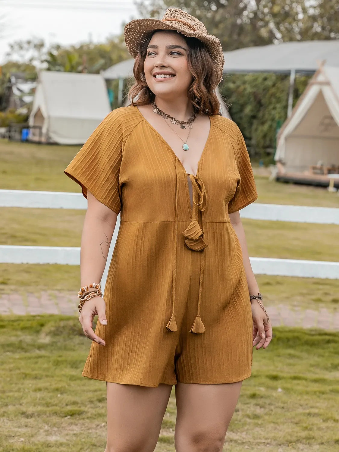 Mustard V-Neck Short Sleeve Romper