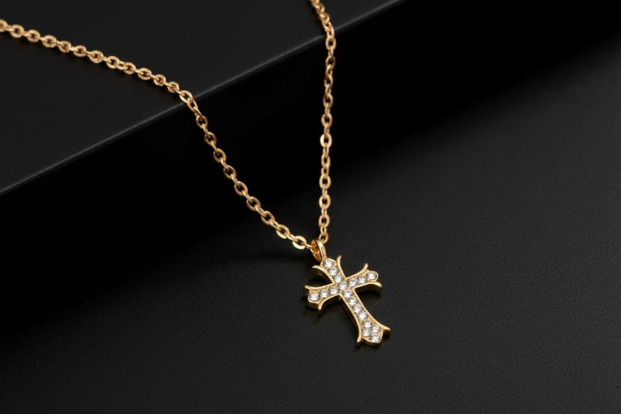 18K Gold-Plated Rhinestone Cross Necklace