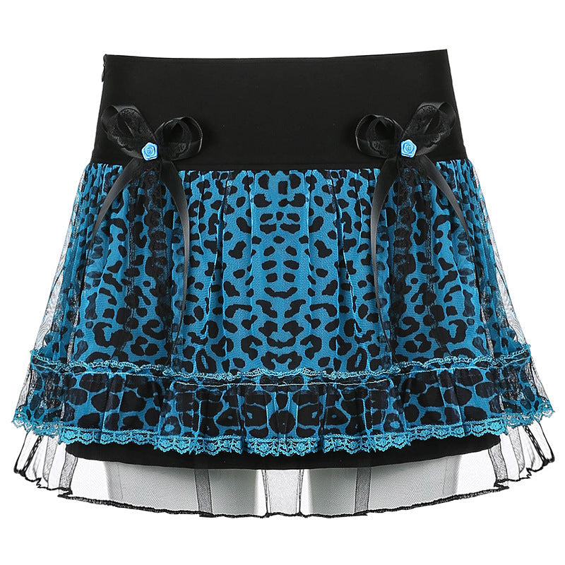 Tight Waist Leopard Print Lace Bow Umbrella Skirt A-Line Skirt Women