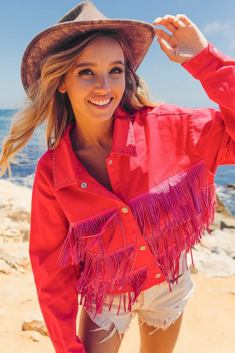BiBi Rhinestone Fringe with Studed Collar Jacket