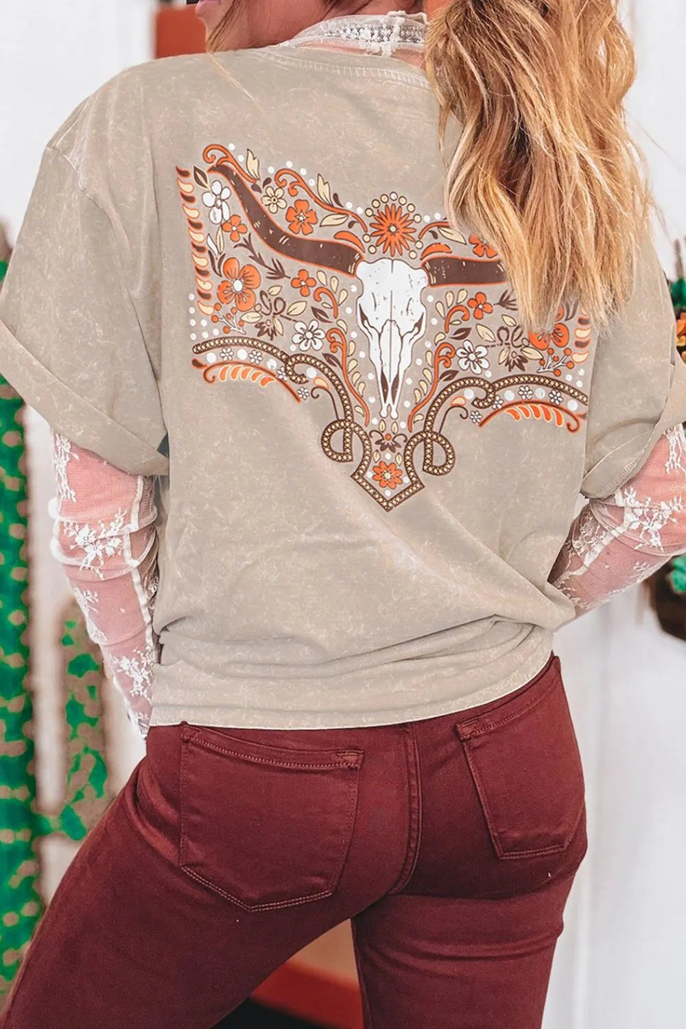 Mineral Wash Floral Steer Head Printed Back Western Fashion Tee