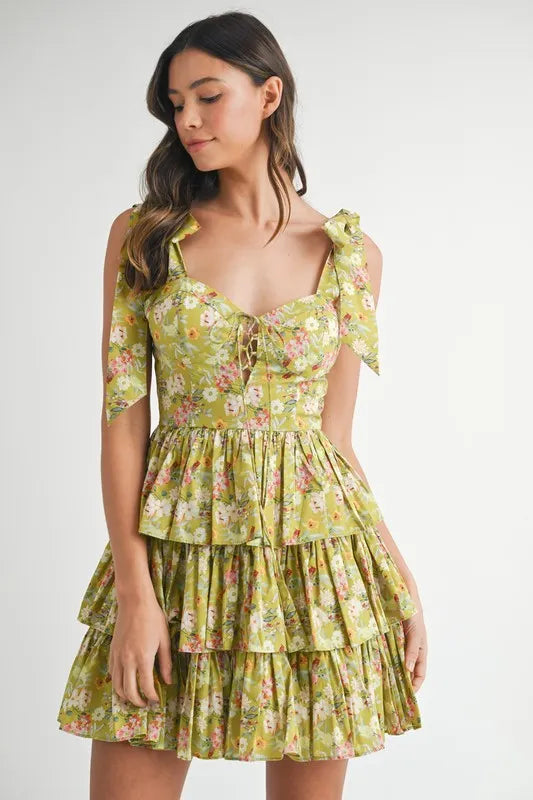 Floral Print Shoulder Tie Layered Mini Dress For Women – Fresh Floral Design, Fluttering Adjustable Shoulder Tie, Layered Mini Dress, Trendy Summer Outfit