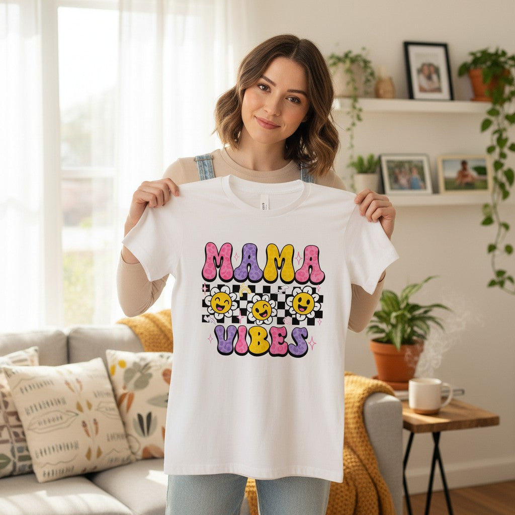 Mama Vibes Graphic T-Shirt 100% Ring-Spun Cotton Crewneck Short Sleeve