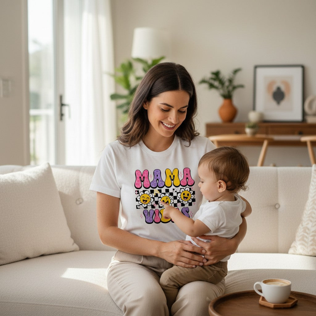 Mama Vibes Graphic T-Shirt 100% Ring-Spun Cotton Crewneck Short Sleeve