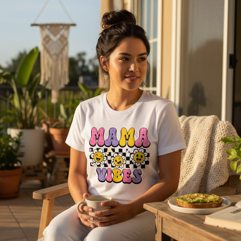 Mama Vibes Graphic T-Shirt 100% Ring-Spun Cotton Crewneck Short Sleeve