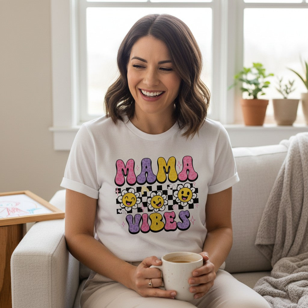 Mama Vibes Graphic T-Shirt 100% Ring-Spun Cotton Crewneck Short Sleeve