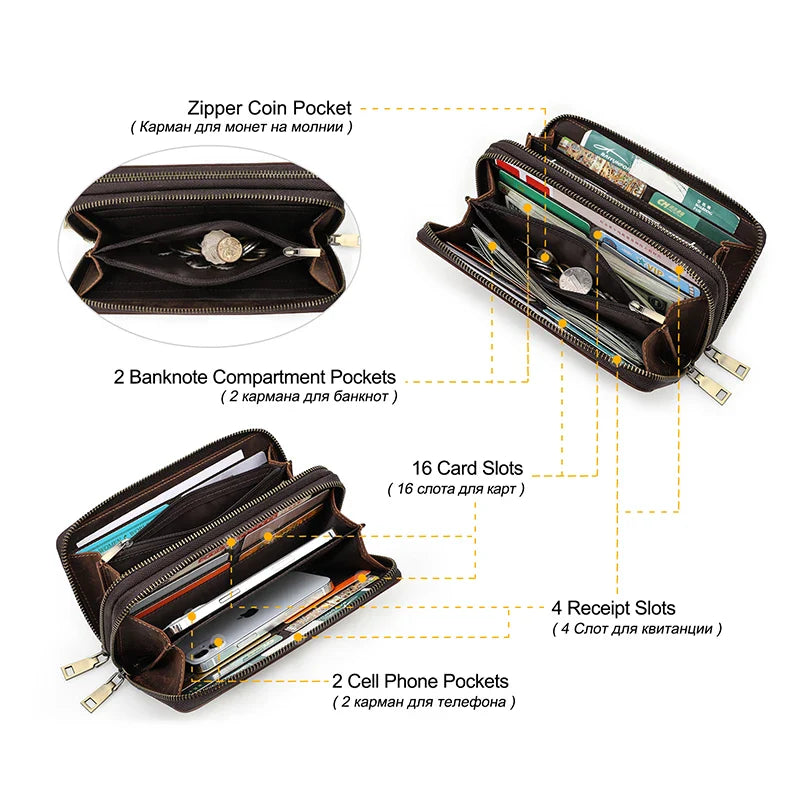 Contact'S Genuine Leather Men's Wallet Clutch Bag Card Holder Long Wallets Double Zipper Large Capacity Vintage Male Purses
