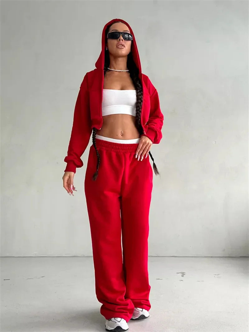 Sweatshirt Two-piece Suit Women's Casual Sports Sets Sexy High-waist Hoodies Short Zip-up Jacket Straight Trousers 2-piece Sets