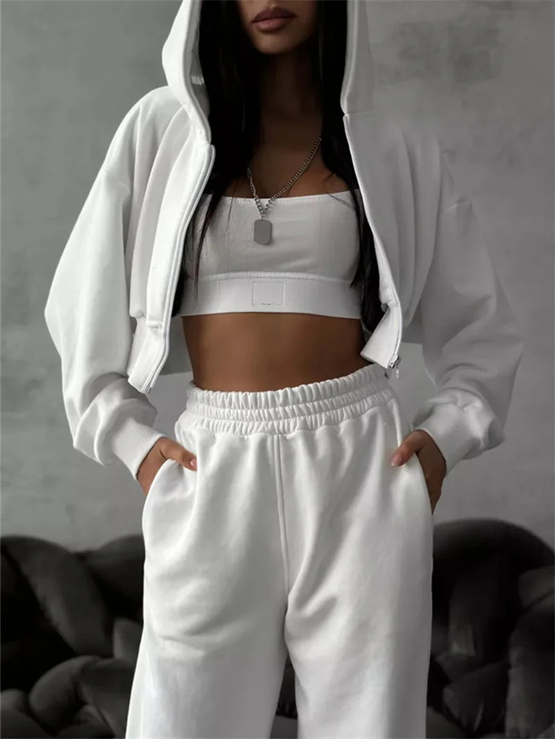 Sweatshirt Two-piece Suit Women's Casual Sports Sets Sexy High-waist Hoodies Short Zip-up Jacket Straight Trousers 2-piece Sets