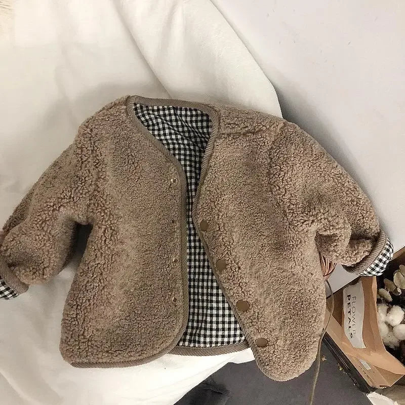 New Autumn and Winter New Warm Jacket Children Two Sides Wear Plaid Plush Jacket Kids Jackets Winter Clothes for Girls
