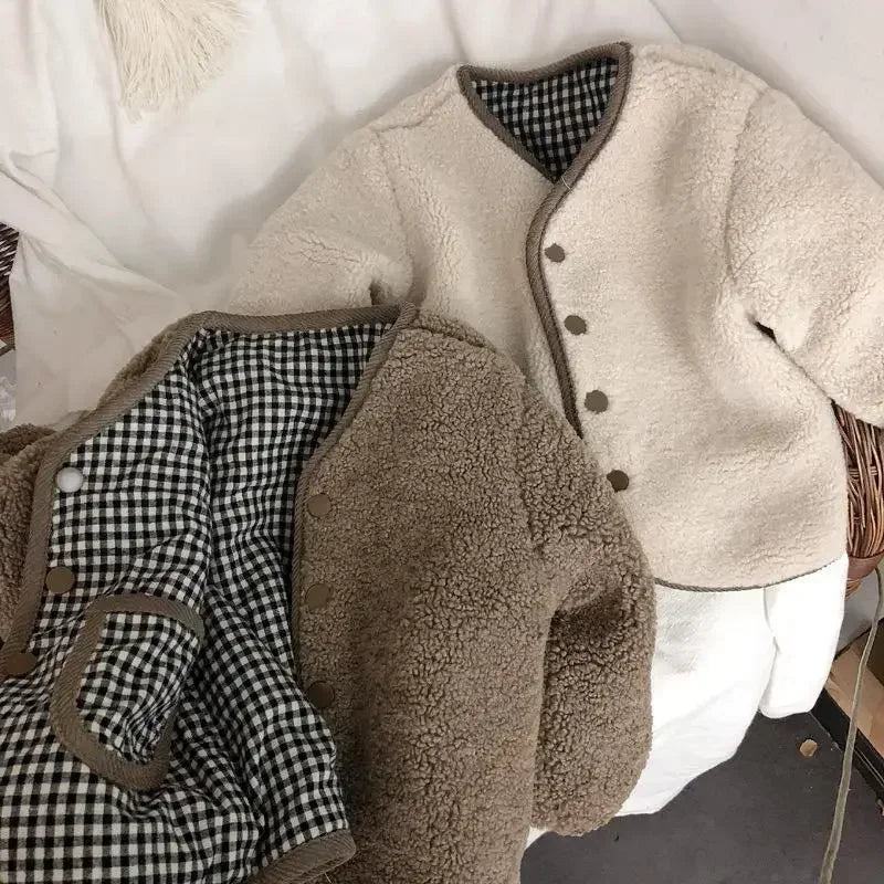 New Autumn and Winter New Warm Jacket Children Two Sides Wear Plaid Plush Jacket Kids Jackets Winter Clothes for Girls