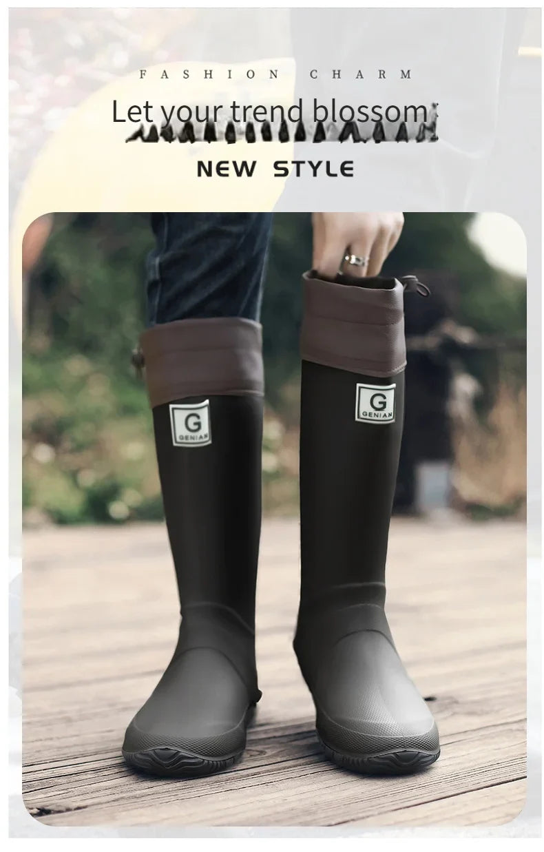 Rain Boots for Men, Fashionable High-Top Rain Boots for Outer Wear, Long-Tube Waterproof and Non-Slip Couple Style Outdoor Fishing Boots