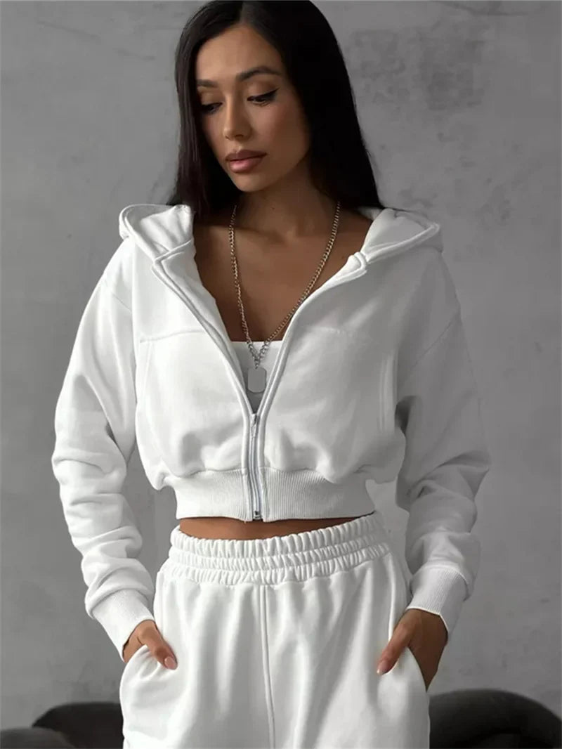 Sweatshirt Two-piece Suit Women's Casual Sports Sets Sexy High-waist Hoodies Short Zip-up Jacket Straight Trousers 2-piece Sets