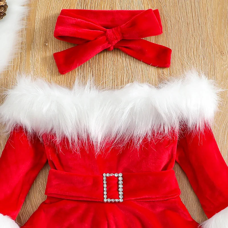 Toddler Baby Girl Christmas Dress Santa Claus Dress Red Velvet Long Sleeve Princess Tulle Dress Headband Outfit